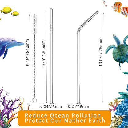 VEHHE Metal Straws Stainless Steel Straws Drinking Straws Reusable - 10.5" Ultra Long 4 + 1 - W/Cleaning Brush for 20/30 Oz for Yeti RTIC SIC Ozark Trail Tumblers (2 Straight|2 Bent|1 Brush)