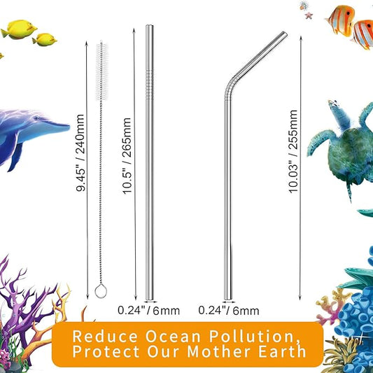 VEHHE Metal Straws Stainless Steel Straws Drinking Straws Reusable - 10.5" Ultra Long 4 + 1 - W/Cleaning Brush for 20/30 Oz for Yeti RTIC SIC Ozark Trail Tumblers (2 Straight|2 Bent|1 Brush)