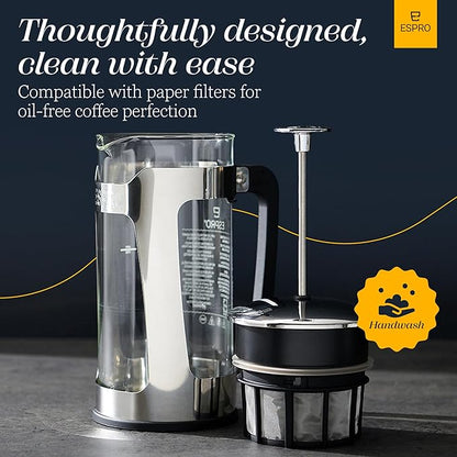 ESPRO - P5 French Press Coffee Maker – Patented Double Microfilter for Sludge and Grit Free Coffee, Black, 32 oz