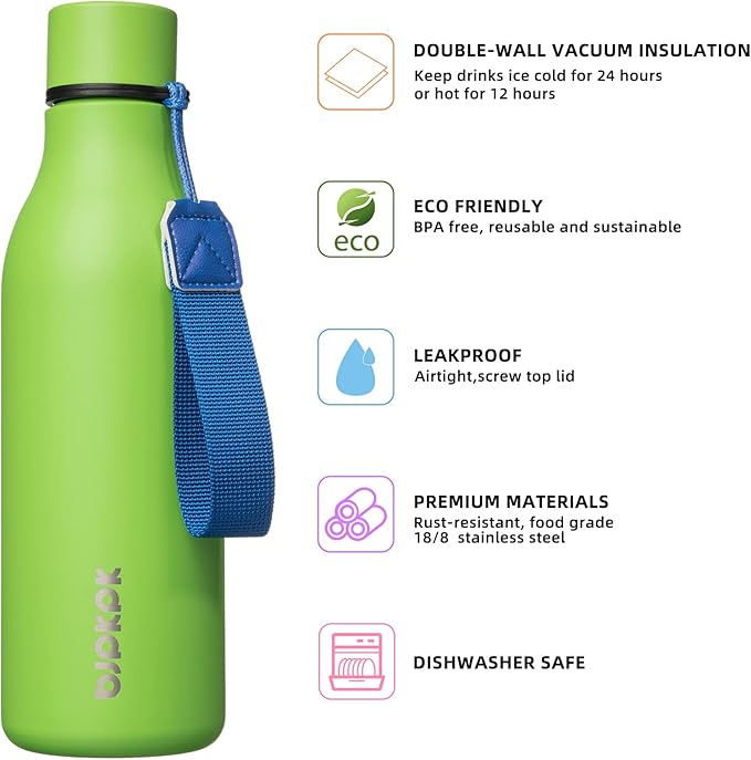 BJPKPK Insulated Water Bottles, 18 oz Stainless Steel Metal Water Bottle with Strap, BPA Free Leak Proof Thermos, Mugs, Flasks, Reusable Water Bottle for Sports & Travel, Green