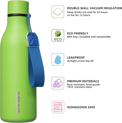 BJPKPK Insulated Water Bottles, 18 oz Stainless Steel Metal Water Bottle with Strap, BPA Free Leak Proof Thermos, Mugs, Flasks, Reusable Water Bottle for Sports & Travel, Green