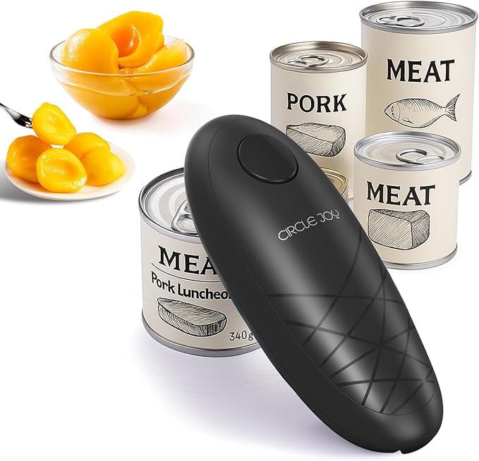CIRCLE JOY Electric Can Opener, One-Touch Automatic Can Opening with Smooth Edges, Food Safety Handheld Battery-Operated Can Opener for Kitchen and Seniors, Black