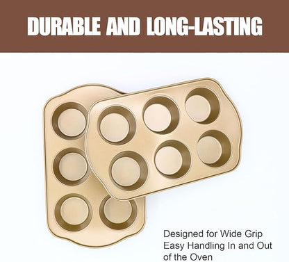 Nonstick 6 Cup Standard Muffin Pan, Cupcake Pan Set, Muffin Tins for Oven, 2 Pack, Gold