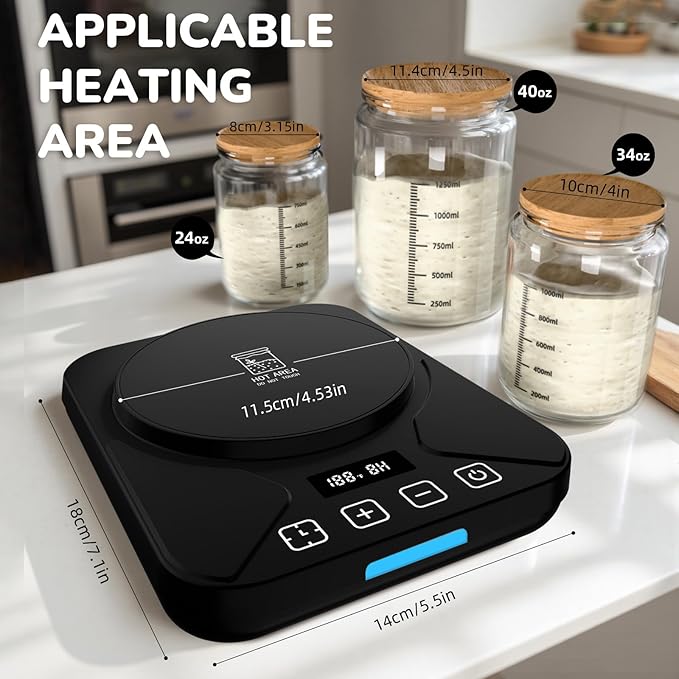 Sourdough Starter Warmer Mat - 24H Timer - Precise 1°F Thermostat Control (70-100°F) - Smart Memory Warming On/Off - Fits Jars Up to 40oz - Perfect for Home Baking (Black)