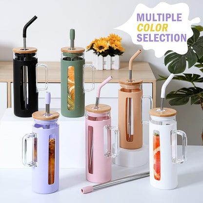 Kodrine Tumbler with Lid and Straw, 20 oz Glass Coffee Tumbler with Handle, Smoothie Cup with Bamboo Lid | Time Marker | Silicone Protective Sleeve, BPA Free - Purple
