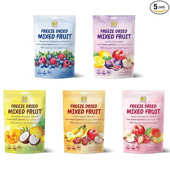 SUNGIVEN Freeze Dried Fruit Party with 10+ Fruits, Mixed Fruits Variety Pack of 5 Bag, 7.06 oz, Health Snack, Fruit Crisps, Freeze Dried Apple Strawberry Berries Lemon Coconut Fig Mango Pineapple, No Sugar Added, Made with 100% Fruit