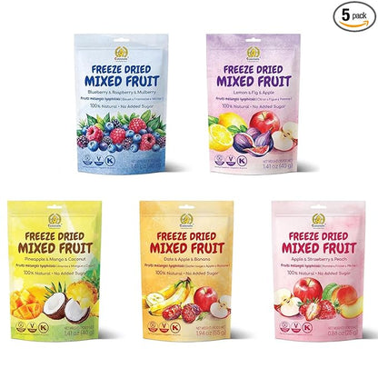 SUNGIVEN Freeze Dried Fruit Party with 10+ Fruits, Mixed Fruits Variety Pack of 5 Bag, 7.06 oz, Health Snack, Fruit Crisps, Freeze Dried Apple Strawberry Berries Lemon Coconut Fig Mango Pineapple, No Sugar Added, Made with 100% Fruit