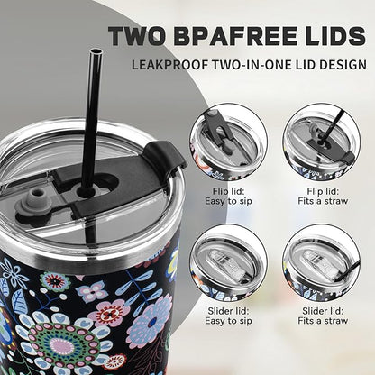40 oz Tumbler with Lids and Straws, Stainless Steel Insulated Coffee Tumbler, Double Wall Vacuum Insulated Travel Mug Cup, Leakproof Thermal Coffee Cup for Hot and Cold Drinks (Flower)