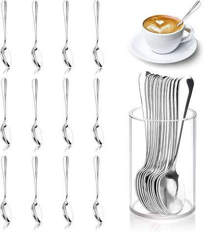 12 Pcs Mini Coffee Spoons with Holder 4.7 inch Demitasse Espresso Stainless Steel Spoons Tea Spoons set of 6 with Acrylic Cylinder Holder Small Coffee Spoons Silver for Coffee Bar Tea Party Home