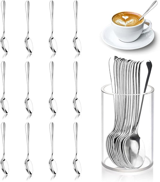 12 Pcs Mini Coffee Spoons with Holder 4.7 inch Demitasse Espresso Stainless Steel Spoons Tea Spoons set of 6 with Acrylic Cylinder Holder Small Coffee Spoons Silver for Coffee Bar Tea Party Home