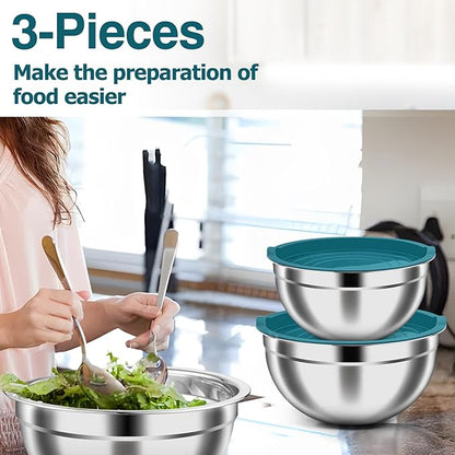 TeamFar Mixing Bowls, Stainless Steel Nesting Salad Bowls with Airtight Lids Set, For Serving/Mixing/Storing, Healthy & Heavy-duty, Dishwasher Safe & Easy Clean, 4.6/3 / 1.5 QT, Navy Blue