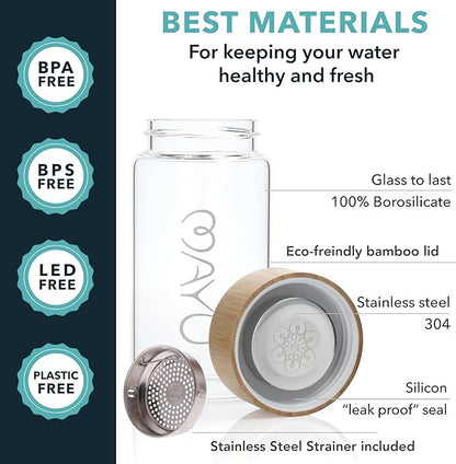 mayu Travel Water Bottle with Bamboo Lid - Borosilicate Glass Eco Friendly BPA Free | Adult and Kids Bottles with Cap - Leak Free Design - Non Toxic Reusable Hydration for Everyday Use | 0.5L, 17OZ