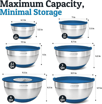 Priority Chef Stainless Steel Mixing Bowls with Lids Set - Premium 30Pcs with 6pc Metal Bowl Set for Kitchen, 3 Graters, Airtight Lids, Non-Slip Bases & Silicone Utensils, Blue