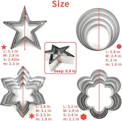 Basic Cookie Cutters 16Pcs, Star Round Flower Snow Shapes Cookie Cutter 4 Size, Biscuit Fondant Cutters Pancake Molds for Baking Decorating Daily Holiday Birthday Party