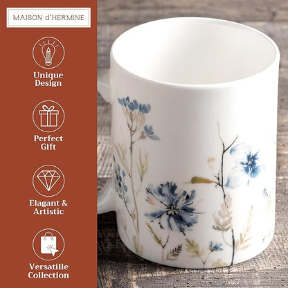 Maison d' Hermine Coffee Mug with Handles Fine Bone China Mugs Pack of One Tea Cups for Hot Beverages Cappuccino Latte Home Restaurant Office Perfect for Gift (Ice Florals - Forsty Morning, 15 Ounce)