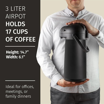 Airpot Coffee Dispenser With Pump, Black - 12 Hours Hot Water Dispenser with Pump, 36 Hours Cold - Coffee Thermal Carafe for Hot Drinks, Tea Flask for Beverages -Large Carafe w/ One-Handed Dispensing