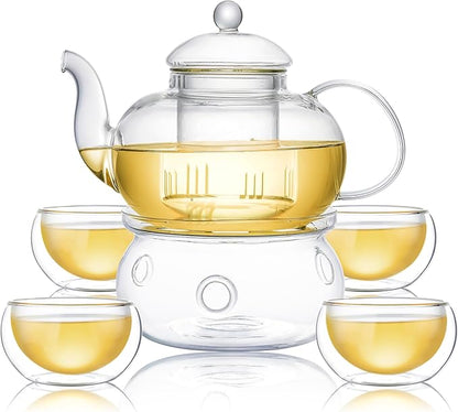 CnGlass 33.8oz Glass Teapot with Removable Infuser,Stovetop Safe Tea Kettle with 4-Pack Glass Teacups 3.4oz and Tea Warmer 5.3 in/13.5cm Diameter