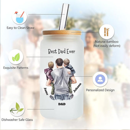 Mason Life Personalized Glass Cup with Name-Can Shaped Glass with Lids and Straws-18OZ Iced Coffee Cups (DAD)