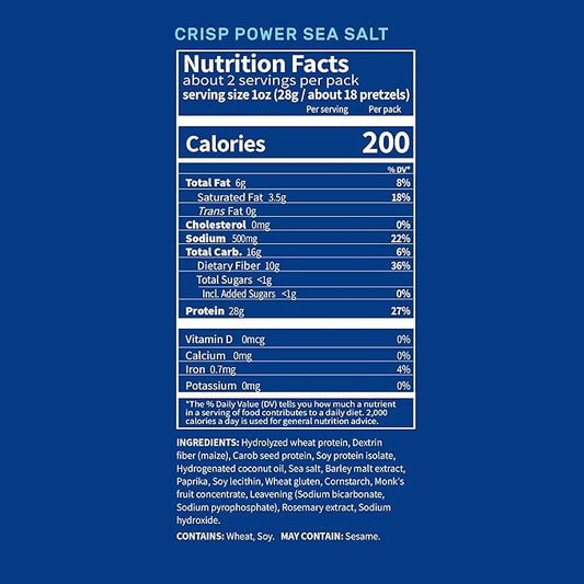 Crisp Power Protein Pretzels, Sea Salt, High Protein Vegan Keto Snack, 28 G Plant Based Protein, Low Carb Crunchy Pretzel Snacks, No Added Sugar, No Seed Oils, 1.75 oz Bags, 6 Pack