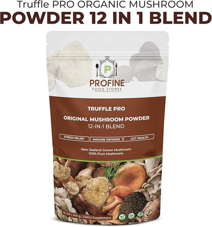 PROFINE Truffle PRO Mushroom Powder 12- in - 1 Super Blend with Black Truffle and White Truffle - USDA Organic - Supplement - Add to Coffee/Tea/Smoothies - Whole Mushrooms - No fillers