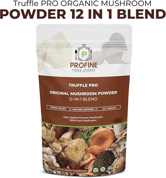 PROFINE Truffle PRO Mushroom Powder 12- in - 1 Super Blend with Black Truffle and White Truffle - USDA Organic - Supplement - Add to Coffee/Tea/Smoothies - Whole Mushrooms - No fillers