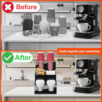 MYITYARD Coffee Station Organizer, Coffee Cup Holder for Countertop, Cup and Lid Dispenser with 6 Compartment, Cup and Condiment Station for Home, Kitchen, Office and Breakroom