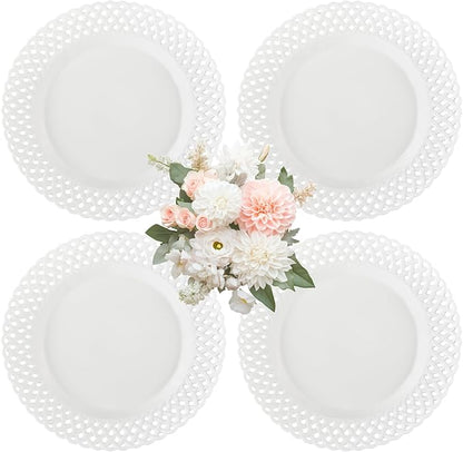 Large White Dinner Plates 12 inch, Ceramic Dinner Plates Set of 4, Basketweave Wide Rim Stackable Hotel Value Round Coupe Shape for Restaurant, Kitchen, Party, Home, Gifts, Microwave Dishwasher Safe