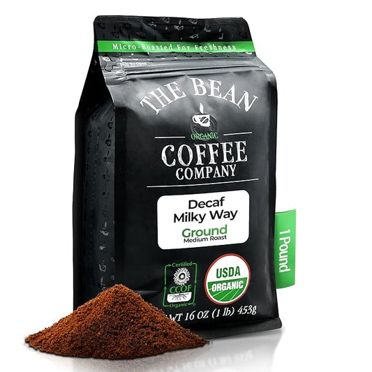 The Bean Organic Coffee Company Water Processed DECAF Milky Way, Medium Roast, Ground Coffee, 16-Ounce Bag, Café Molido Tostado Orgánico descafeinado