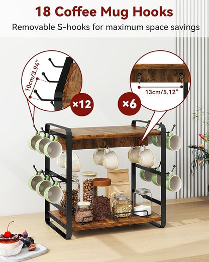 IBUYKE Coffee Bar Station Countertop Organizer,2 Tier Kitchen Mug Cup Holder Stand,Wooden Coffee Mug Organizer with 18 Hooks,Multifunctional Mug Tree for Home Kitchen, Office,Vintage Brown UTBJ006H
