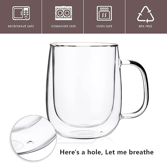 CNGLASS Large Double Wall Glass Coffee Mug 15.2oz,Clear Insulated Glass Espresso Cup with Big Handle,Clear Glass Espresso Mugs for Latte,Cappuccino,Tea Bag,Hot and Cold Beverages,set of 4