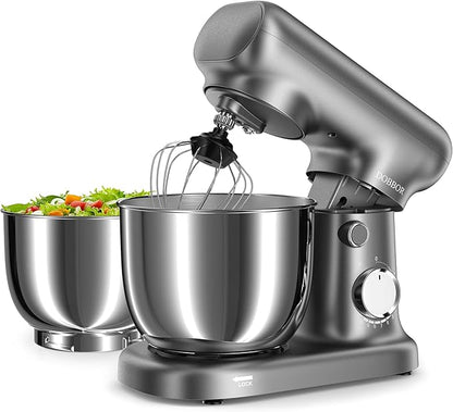 Stand Mixer with 3QT+3.5QT Dual Bowls, 10-Speed Electric 300W Food Mixer - Includes Egg Whisk, Dough Hook & Flat Beater for Home Baking & Daily Cooking (GraySilver)
