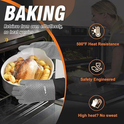 Walfos Silicone BBQ Gloves - Heat Resistant Grilling Gloves, Premium Non-Slip Kitchen Silicone Oven Mitt with Protective Cotton Layer Inside, Waterproof, Great for Grilling, Kitchen and Cooking, Gray