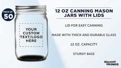 DISCOUNT PROMOS 50 Decorating Mason Jars Set, 12 oz. - Customizable Text, Logo - Canning, Aluminum Lid - Black