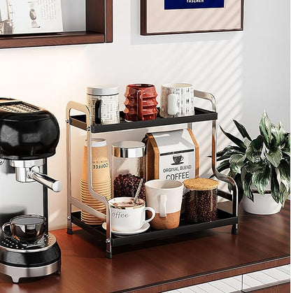 KISKIS Coffee Mug Cup Holder Space Saving 2-Tier Sturdy Stable Metal Storage Shelf, Prevent Falling Scratch Resistant Kitchen Rack Office Bathroom Desktop Organizer,Black+sliver