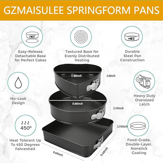 Springform Cake Pan Set of 3 (7, 8, 9 Inch) Heart Round Square Leakproof Nonstick Cheesecake Pans with Removable Bottom Carbon Steel Bakeware
