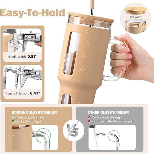 Kodrine 40 oz Glass Tumbler with Handle, Iced Coffee Tumbler with Straw and Bamboo Lid, Glass Drinking Cup with Silicone Sleeve Time Marker, Water Bottle Dishwasher Safe, Cup Holder Friendly, Amber
