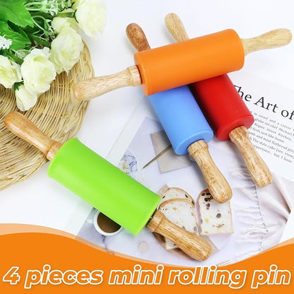4 Pack Mini Rolling Pin for Kids, 9 Inch Wooden Handle Rolling Pin Non-Stick Silicone Rolling Pins for Children Cake Baking