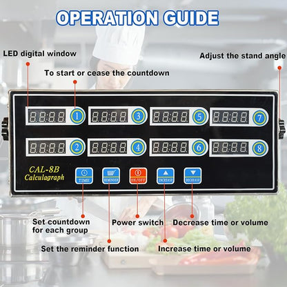 Commercial 8 Channels Digital Kitchen Timer, Stainless Steel Calculagraph Timer with Loud Alarm for Restaurant, Clock Reminder on Multiple Events