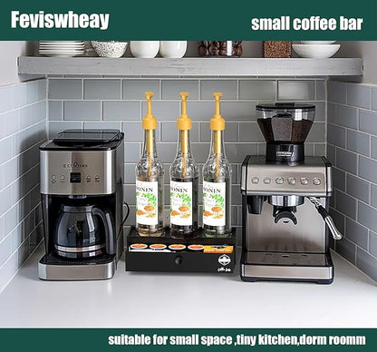 Coffee Syrup Rack Organizer,Syrup Bottle Holder Stand with K Cup Pod Drawer Storage.3 Bottles Storage Shelves for Syrup,Wine,Compact Design for Coffee Bar and Small Spaces