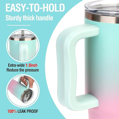 Zukro 24 oz Ceramic Lined Insulated Tumbler with Handle and Straw, No Metal Taste or Smell, Travel Coffee Mug with Spillproof Lids, No Sweat Stainless Steel Cup, Dishwasher Safe