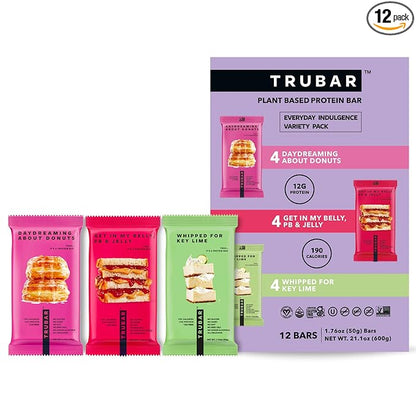 TRUBAR Vegan Protein Bar Variety Pack, Assorted Flavors, Donuts, PB & Jelly, Key Lime, Gluten Free, Vegan Protein Snacks, 12G Plant-Based Protein, High Fiber, Healthy Protein Bars, 12 CT