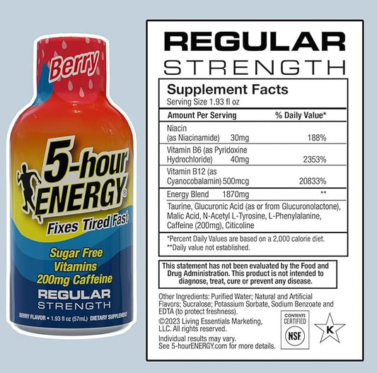 5-hour ENERGY Shots Regular Strength, Berry Flavor, 30 Count, 1.93 Fl Oz, Sugar Free, Zero Calories, Amino Acids and Essential B Vitamins, Dietary Supplement, Feel Alert and Energized, 200 mg Caffeine