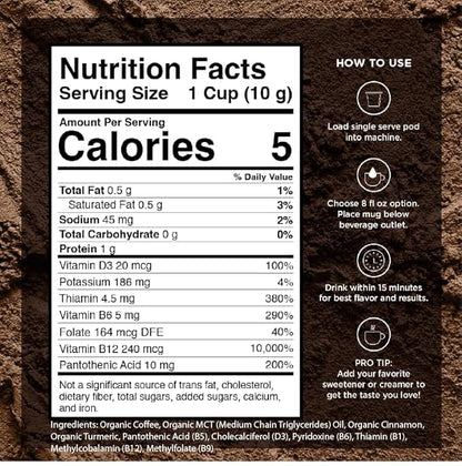 VitaCup Organic Genius Keto Coffee Pods, Increase Energy & Focus w/MCT Oil, Turmeric, B Vitamins, D3, Medium Dark Roast, Bold, Smooth, Single Serve Pod Compatible w/Keurig K-Cup Brewers, 24 Ct