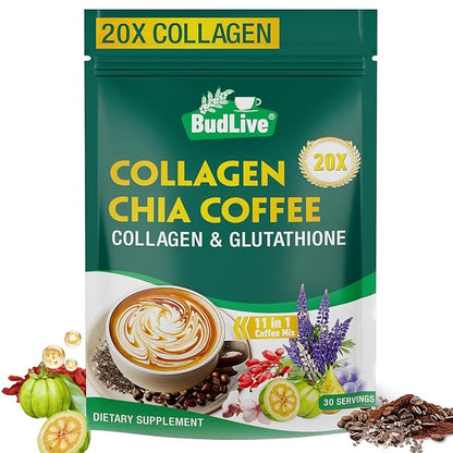 20X Collagen Chia Coffee, 11 in 1 Shape Coffee Mix with Collagen & Chia Seeds, Goji Berry, Supports Hair, Skin & Nails, Boost Beauty & Energy, Sugar Free, Vegan, Gluten-Free, 30 Servings