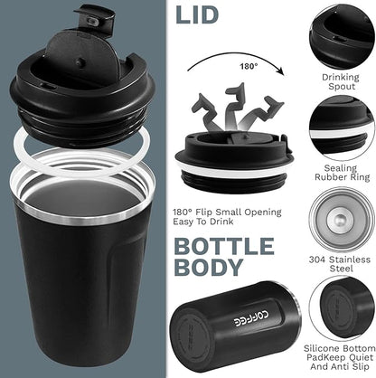 YINBAOGE Insulated Travel Coffee Mug Spill Proof Leak Proof Pobtable To Go Camping Stainless Steel Coffee Tumbler Reusable Coffee Cups with Lids Thermos for Hot and Cold Drink (2nd-Black, 12 OZ)