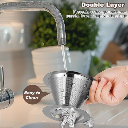 Upgraded Pour Over Coffee Filter, Coffee Dripper, Paperless Mess Stainless Steel Coffee Filter, Maker One to Two Cup, Keeping Nature Coffee Flavour, Easy to Use and Clean (Large)