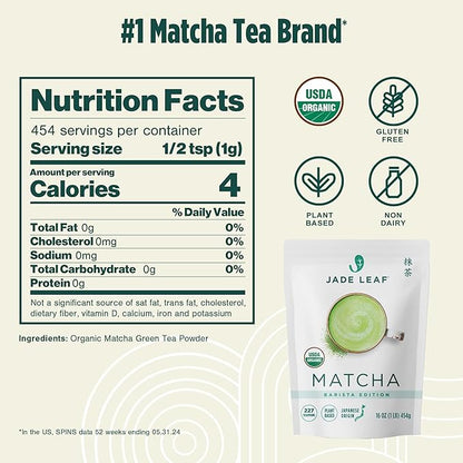 Jade Leaf Matcha Organic Premium Ceremonial Grade Matcha Green Tea Powder - Japanese - Culinary, Ingredient, Ceremonial Barista Teahouse, Latte, Collagen, 16 Ounce (Pack of 1), Ceremonial Barista