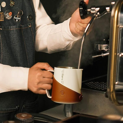 Milk Frothing Pitcher 450ml/16oz 304 Stainless Steel Espresso Steaming Pitcher with PU Leather, Milk Frothing Jug,milk frother cup,Milk Jug Cup,Premium Barista Tools,Latte Art (Bright 20oz)