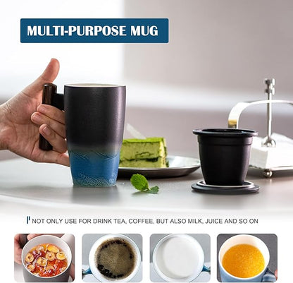 suyika Tomotime Ceramic Tea Cup with Infuser and Lid Tea Mugs Wooden Handle 400ml/13.5oz Black cyan