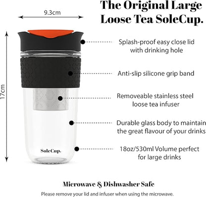 Large Travel Mug Loose Tea Infuser - Detachable Tea Strainer with Spill Proof Lid - 18oz/530ml BPA-Free Reusable Glass Travel Coffee Cup with Silicone Band (Pink) (Black)
